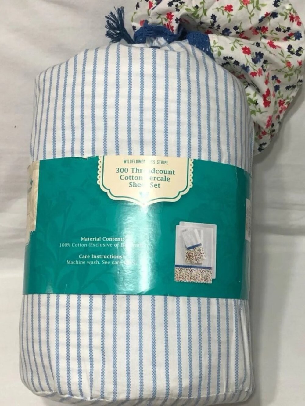 Pioneer Woman 100% cotton 4 pc Full Sheet Set White Blue Stripes wildflowers nwt